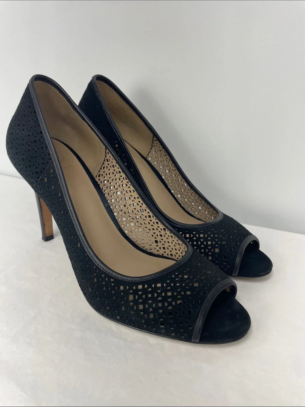 Tory Burch Black Laser-Cut Peep-Toe Pumps, Size 8.5